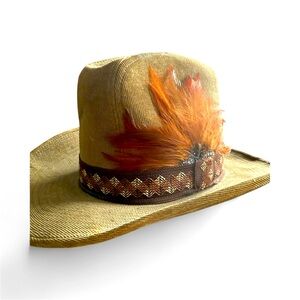Vintage Canyon Trails Corduroy Cowboy Hat w feather and embroidered band size M